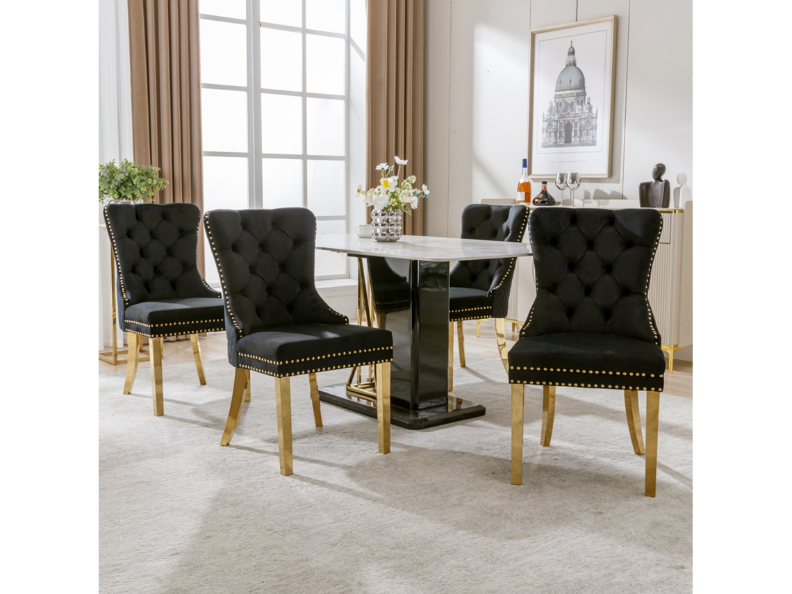 Conjunto 6 Cadeiras Preto com Dourado, Tachas e Pés Dourados VOLTEDGE
