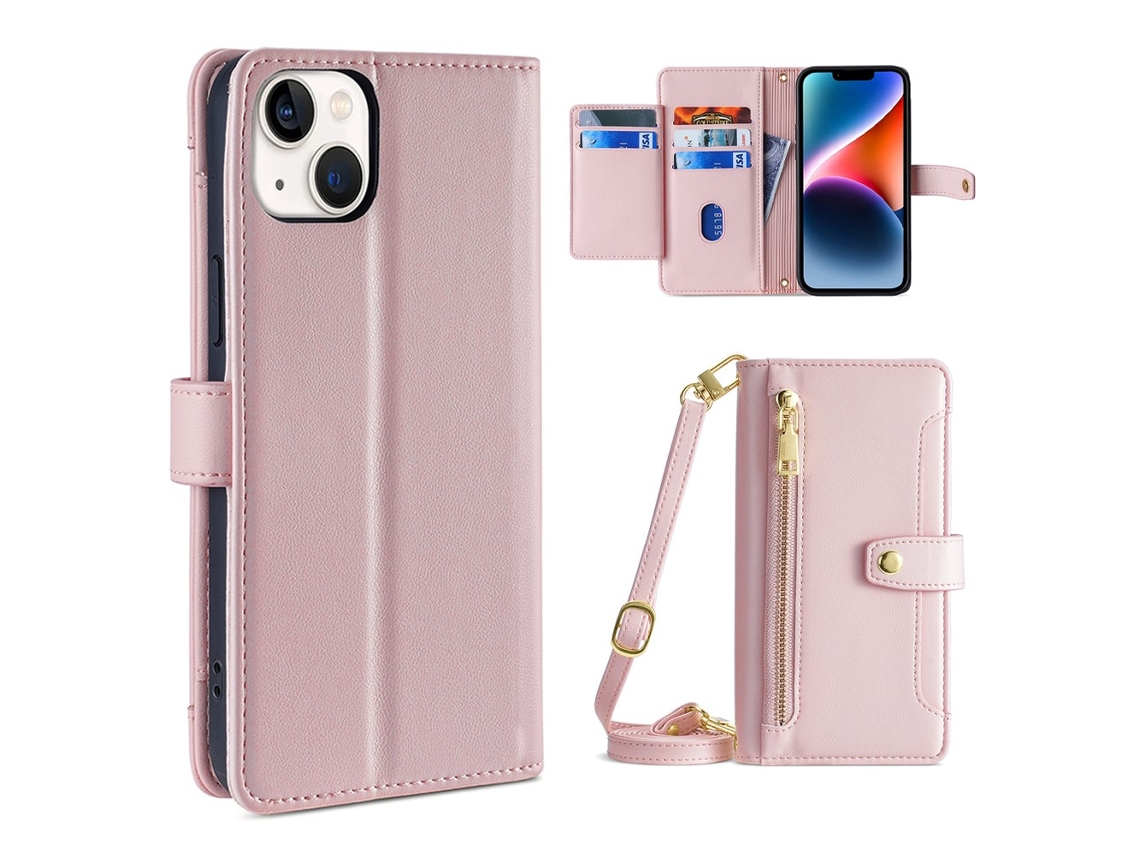 Capa Pega Para Iphone 14 Plus Pele Sintética Anti-choque Com Porta-cartões Rosa