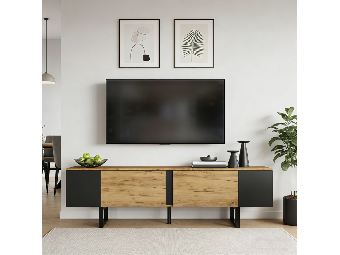 Móvel Para Tv Madeira Natural, 180 X 40 X 55 Cm, 2 Armários E Nichos Abertos Laterais, Até 75 Polegadas
