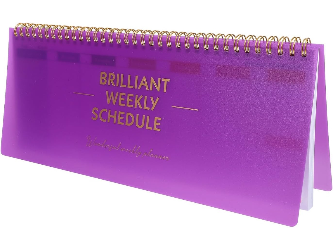 Agenda semanal de papel roxo sem data, planejador de horários.