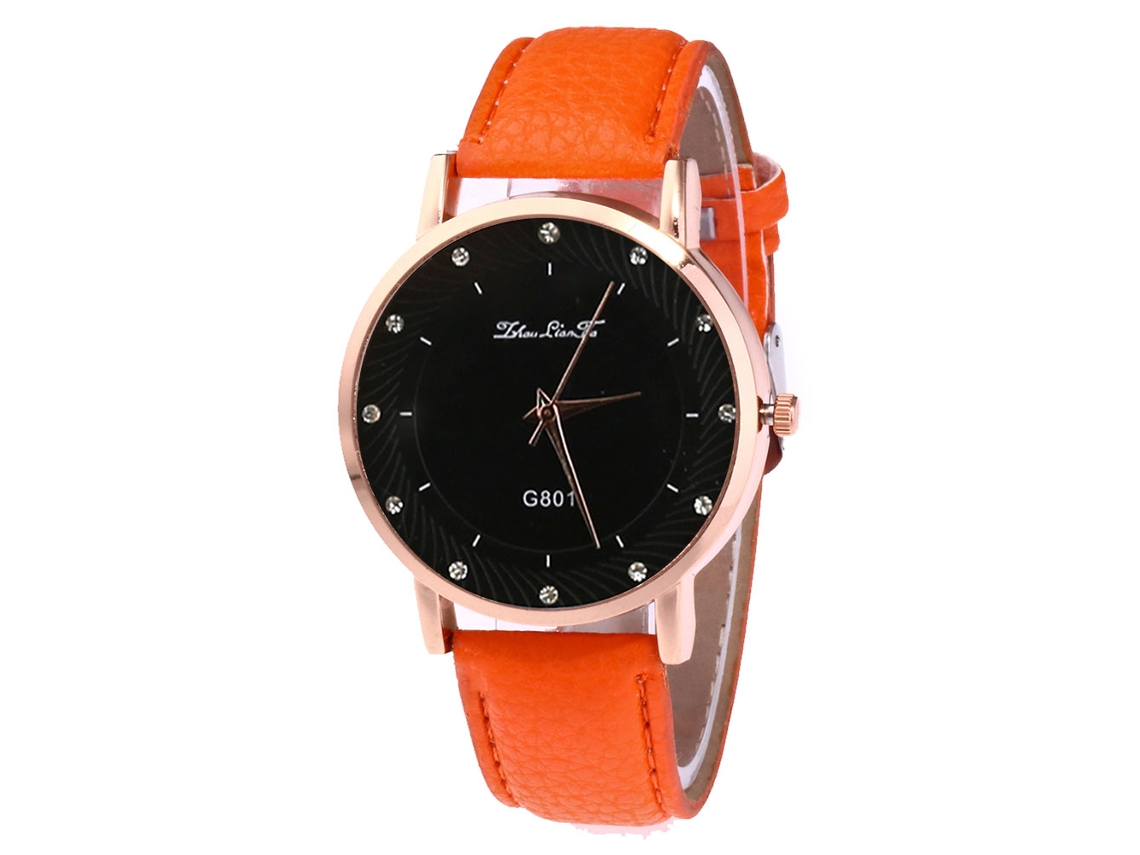 Relógio Zhoulianfa Quartz com pulseira de couro PU, mostrador redondo com strass laranja.