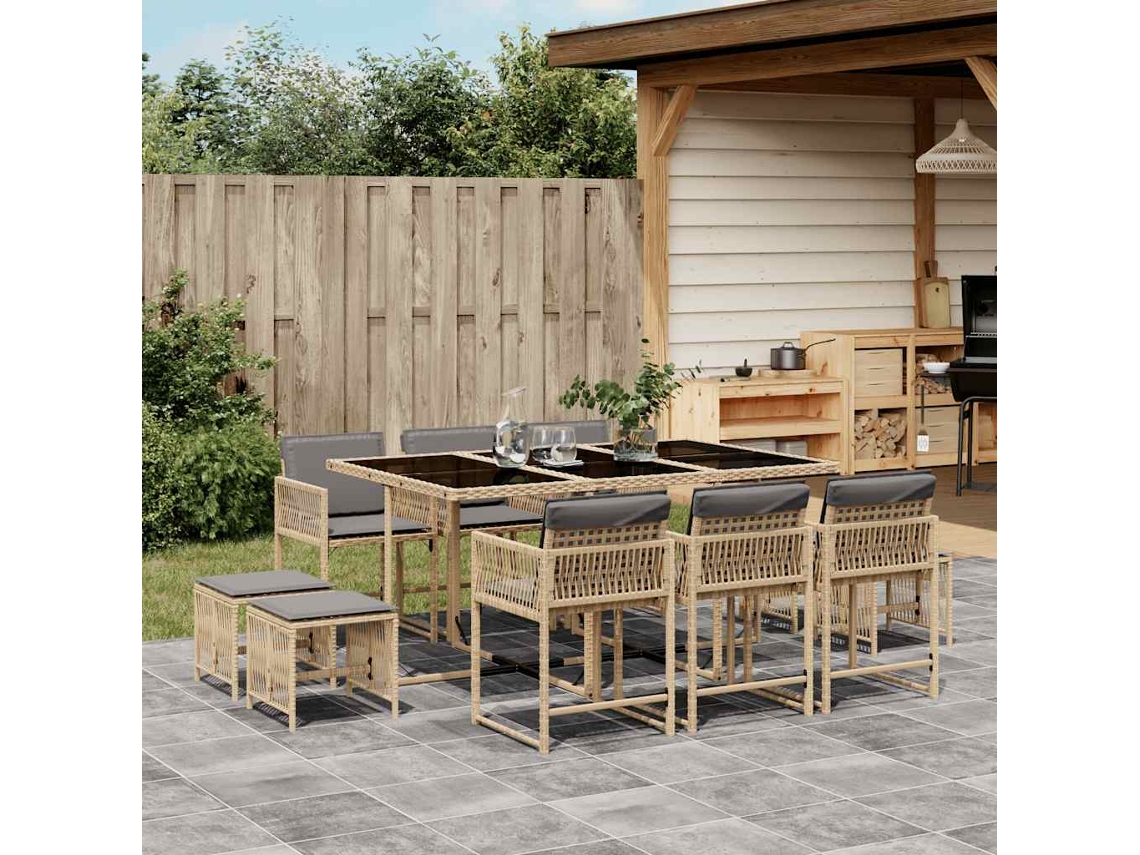 Vidaxl 11 Pcs Conj. Jantar Jardim C/ Almofadões Vime Pe Bege Misturado