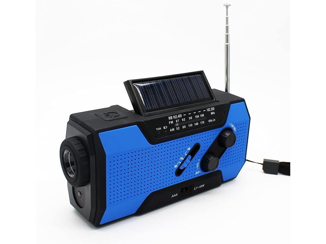 Rádio Solar, AM/FM com Manivela, Meteorológico, Bateria Externa 2000mah, Azul AQUAFORGE