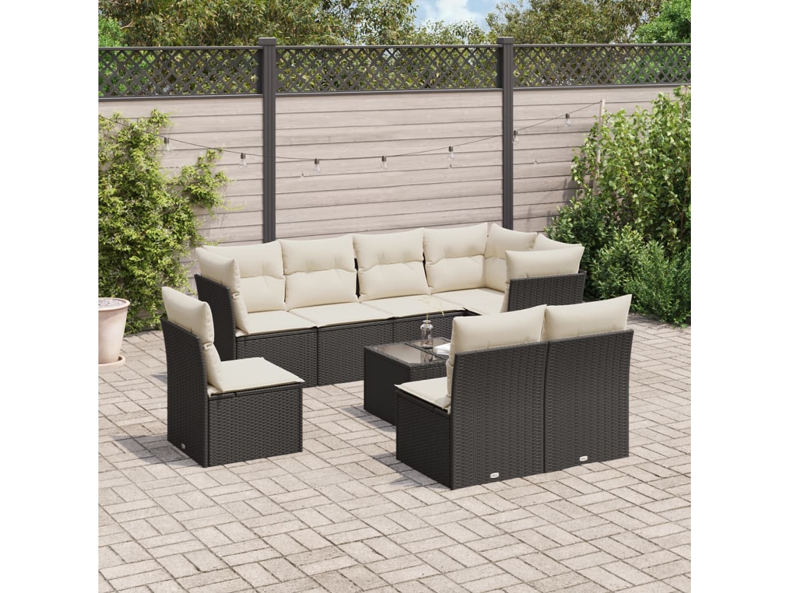 9 Pcs Conjunto De Sofás P/ Jardim C/ Almofadões Vime Pe Preto Dkd Home Decor