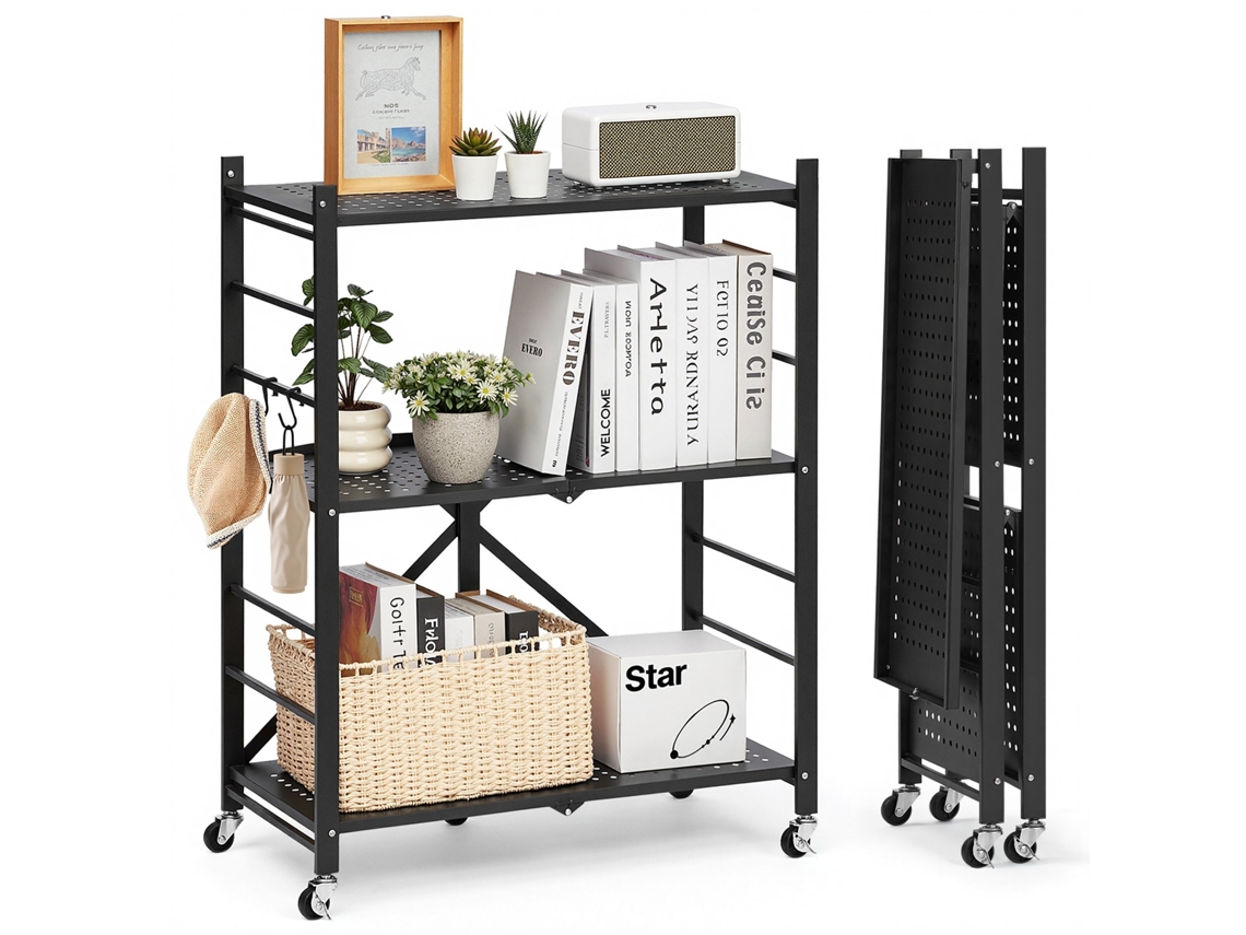 Estante Metálica Dobrável 3 Níveis Com Rodas 71 X 33 X 91 Cm, Preta Vevor