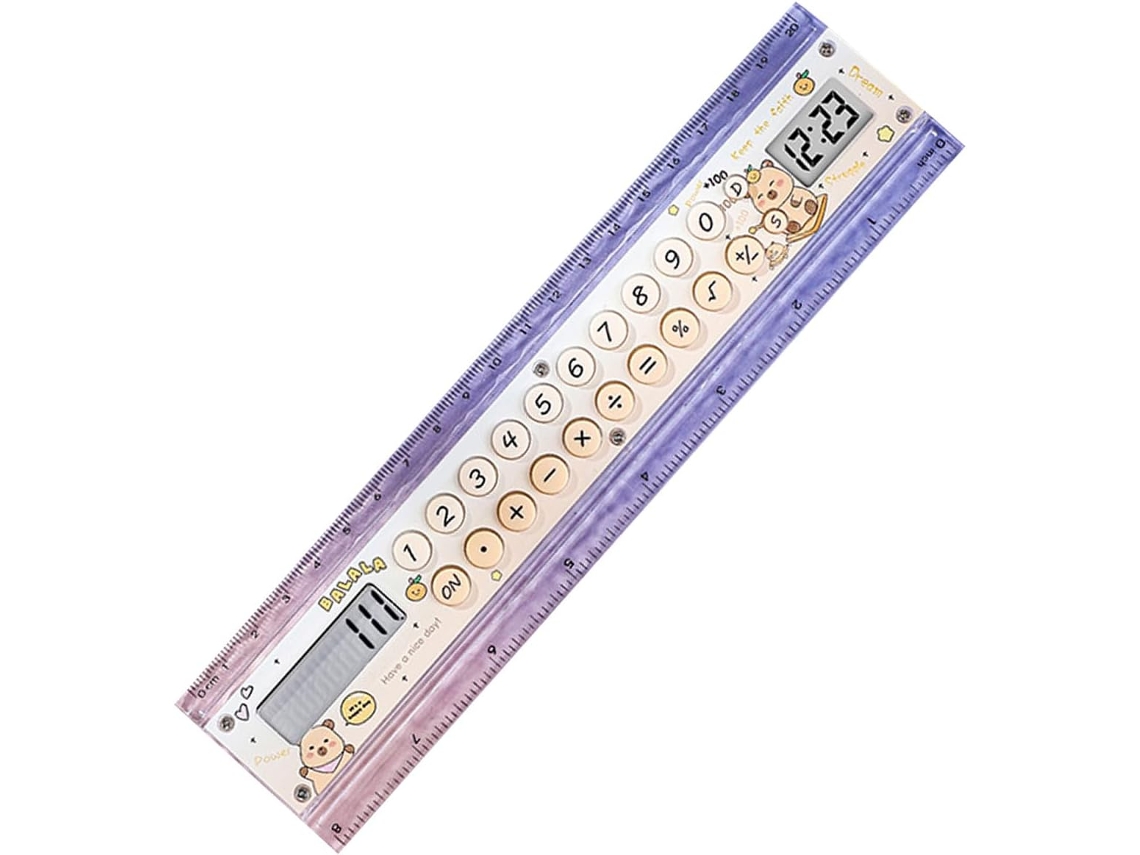 Calculadora com régua para sala de aula, relógio LCD, escala de medição de 15 cm, 5,9 polegadas e visor de 8 dígitos.