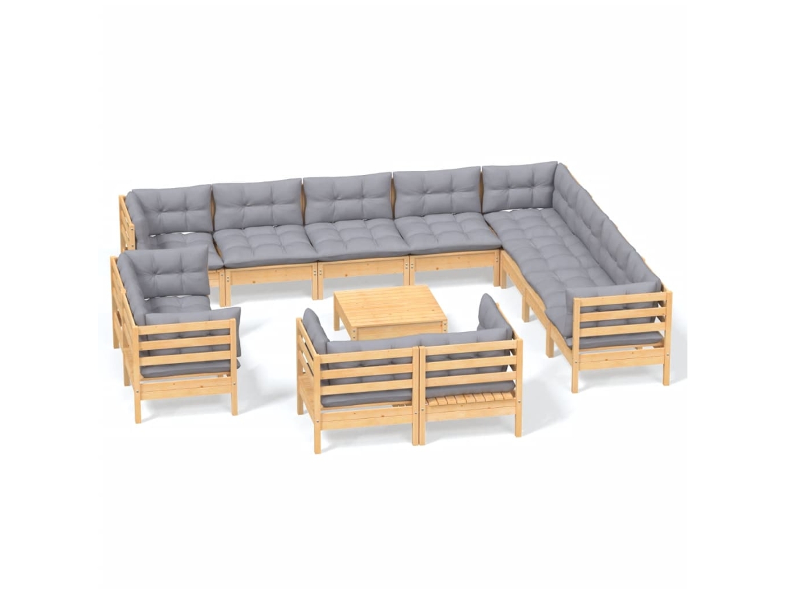 Conjunto de 13 Garden Lounge com Almofadões Cinza Pinho Maciço MAISON EXCLUSIVE