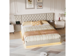 Cama De Casal Veyrixan 140x200 Bege - Cama Hidráulica Com Armazenamento, Led Rgb, Carregador Usb E Cabeceira Macia (25kg Prateleira)