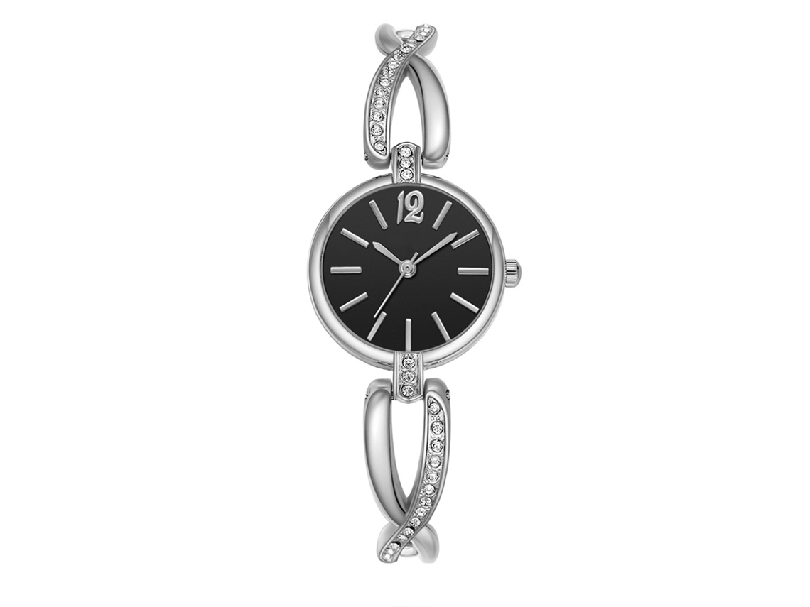 Relógio de Pulso Analógico de Quartzo com Dial Redondo em Liga (cinto Prata e Dial Preto)