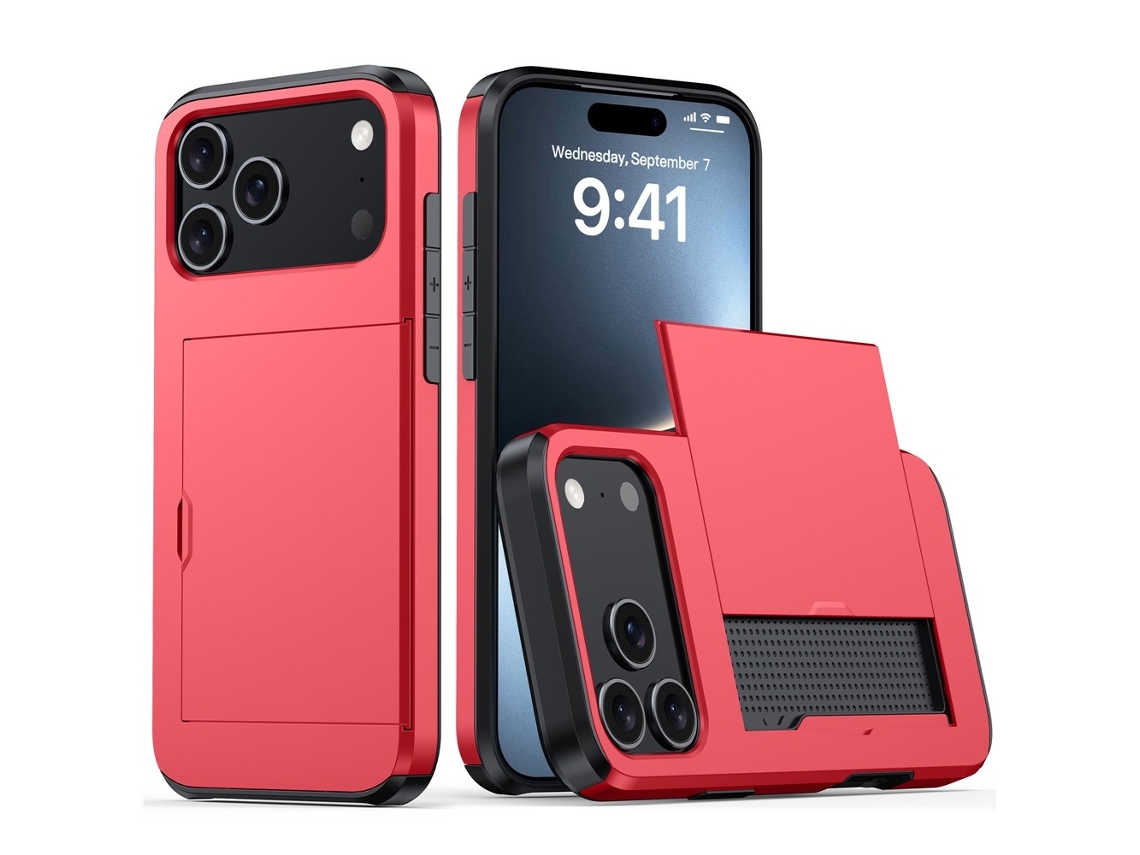 Capa Híbrida Para Iphone 17 Pro Max Com Compartimento Para Cartão, Vermelha