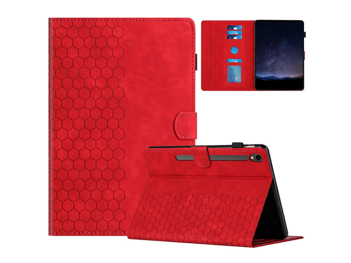 Capa de couro com padrão de favo de mel e compartimento para cartão para Samsung Galaxy Tab S10 Fe S9 Fe S9 Vermelho Hengrongshen
