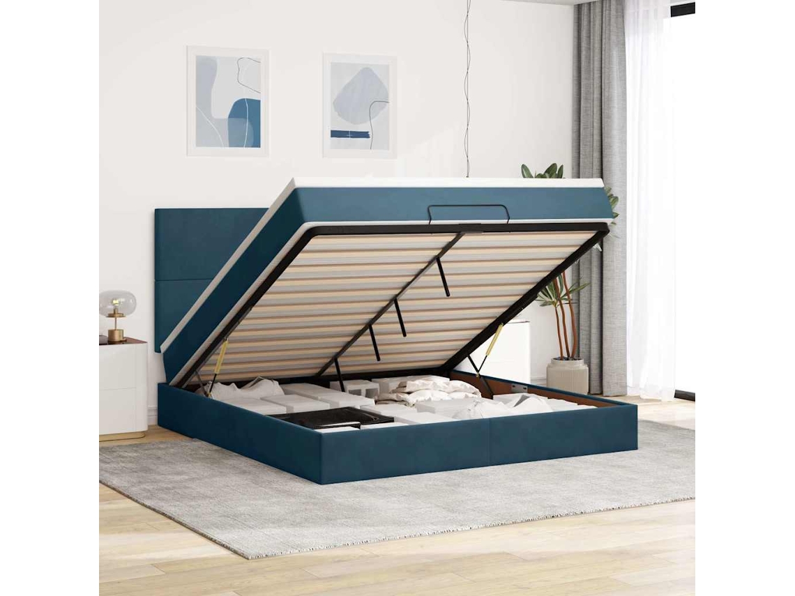 Vidaxl Estrutura Cama Otomana Colchões 180x200 Cm Veludo Azul Escuro