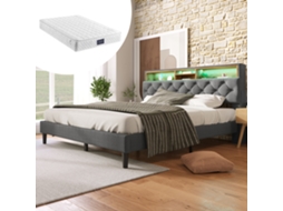 Cama Casal Cinza 140x200cm Estofada, Led, Usb, Cabeceira, Ripas (c/ Colchão).-op