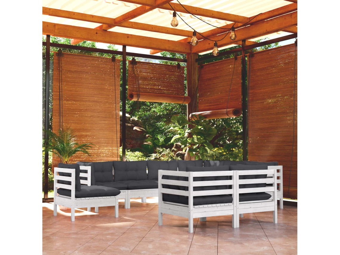 Vidaxl 9 Pcs Conj. Lounge De Jardim C/ Almofadões Pinho Maciço Branco