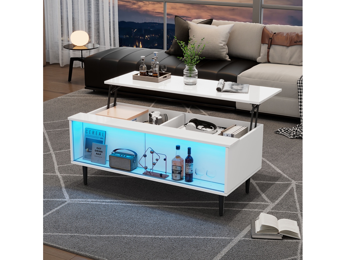 Mesa De Centro 105x50x43cm, Ajustável Em Altura, Com Compartimento Oculto E Luz Led, Tampo De Vidro Temperado, Branca, 4 Pés.