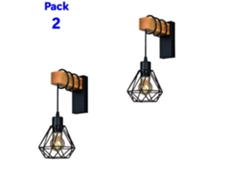 Pack de 2 Apliques de Parede Vintage Industrial com Madeira Natural, Gaiola Preta e Casquilho E27 ALPINALUZ