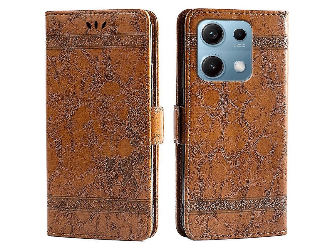Capa Tipo Carteira De Couro Com Estampa De Flores E Fivela Lateral Para Xiaomi Redmi Note 14s 4g, Marrom