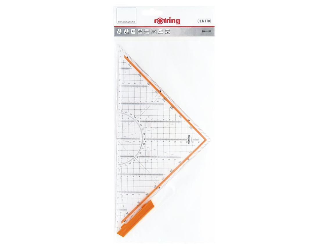 Esquadro Profissional Centro Com Dois Ângulos de 45° ROTRING Hipotenusa de 32 Cm de Plástico Transparente