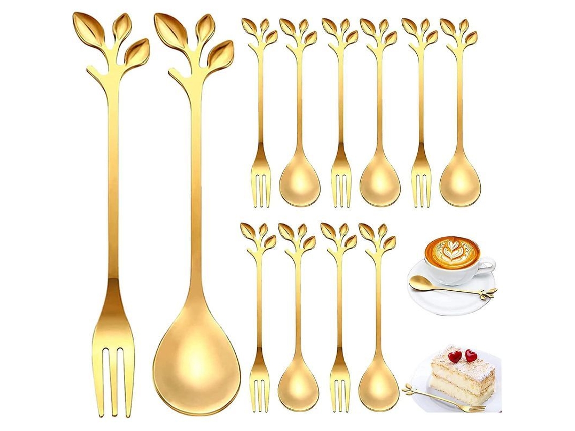Conjunto de 18 Utensílios de Ouro Nova Line: Colheres, Garfos, Cucharas, Frutas e Bolo