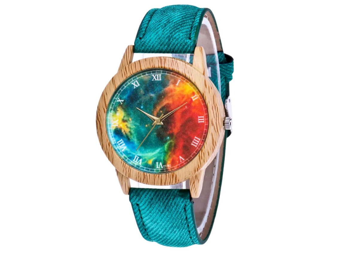 Relógio de casal Zhoulianfa Colorful Nebula em aço quartzo verde com pulseira