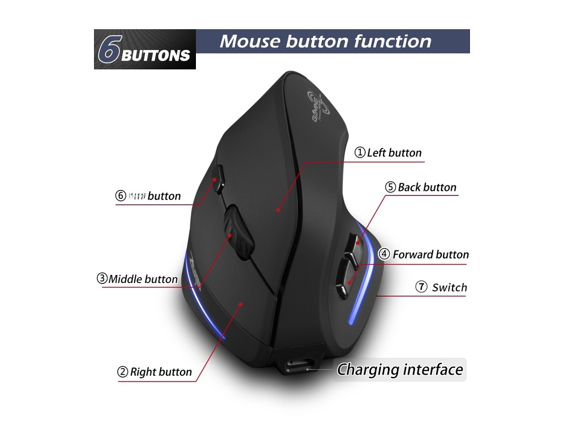 Mouse Gamer Ergonômico Vertical Sem Fio Zelotes F-35b 2.4g+bt3.0+bt5.0