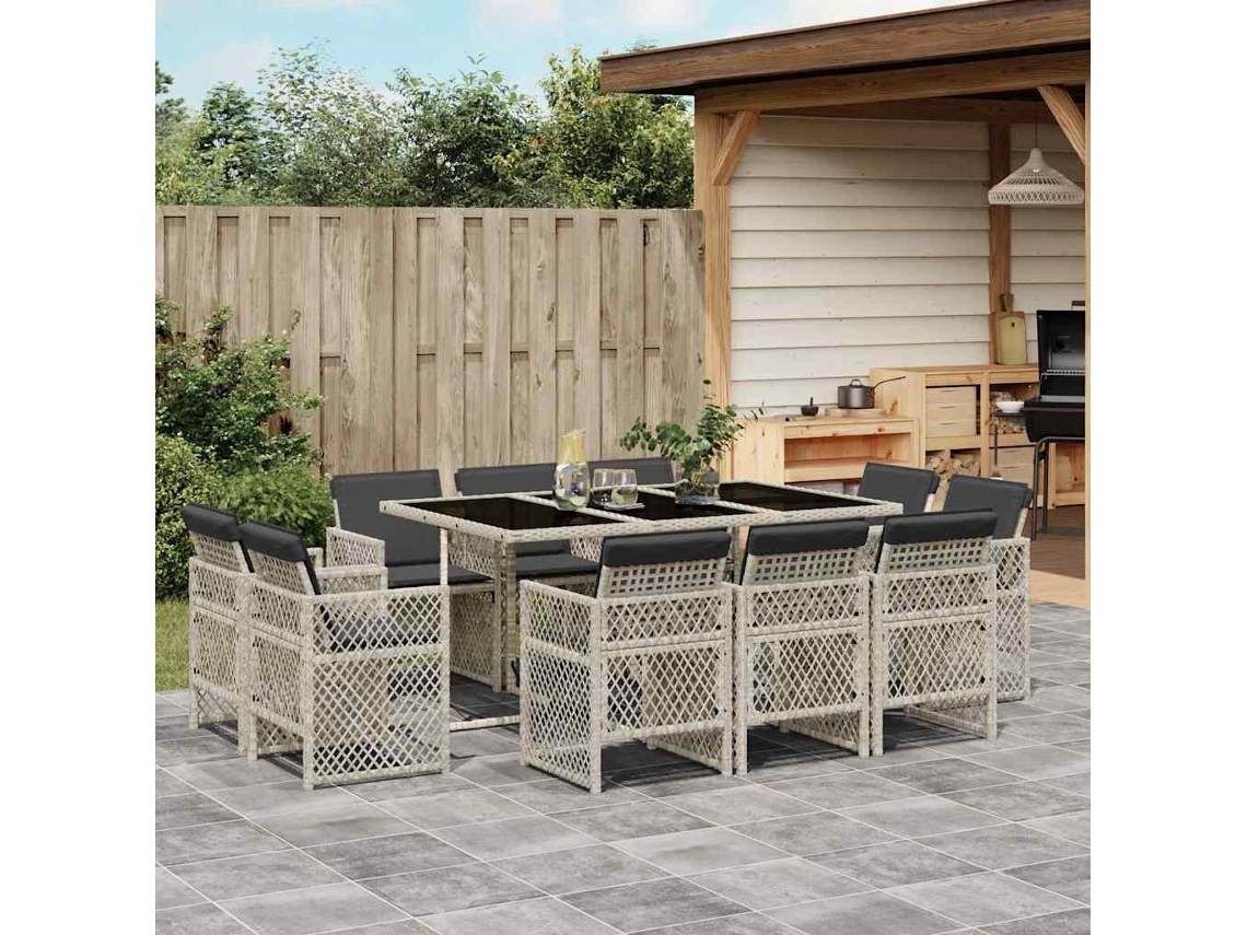 Vidaxl 11 Pcs Conjunto Jantar P/ Jardim C/ Almofadões Vime Pe Cinzento