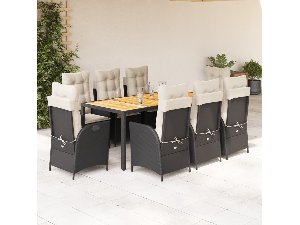 Vidaxl 9 Pcs Conjunto De Jantar P/ Jardim C/ Almofadões Vime Pe Preto