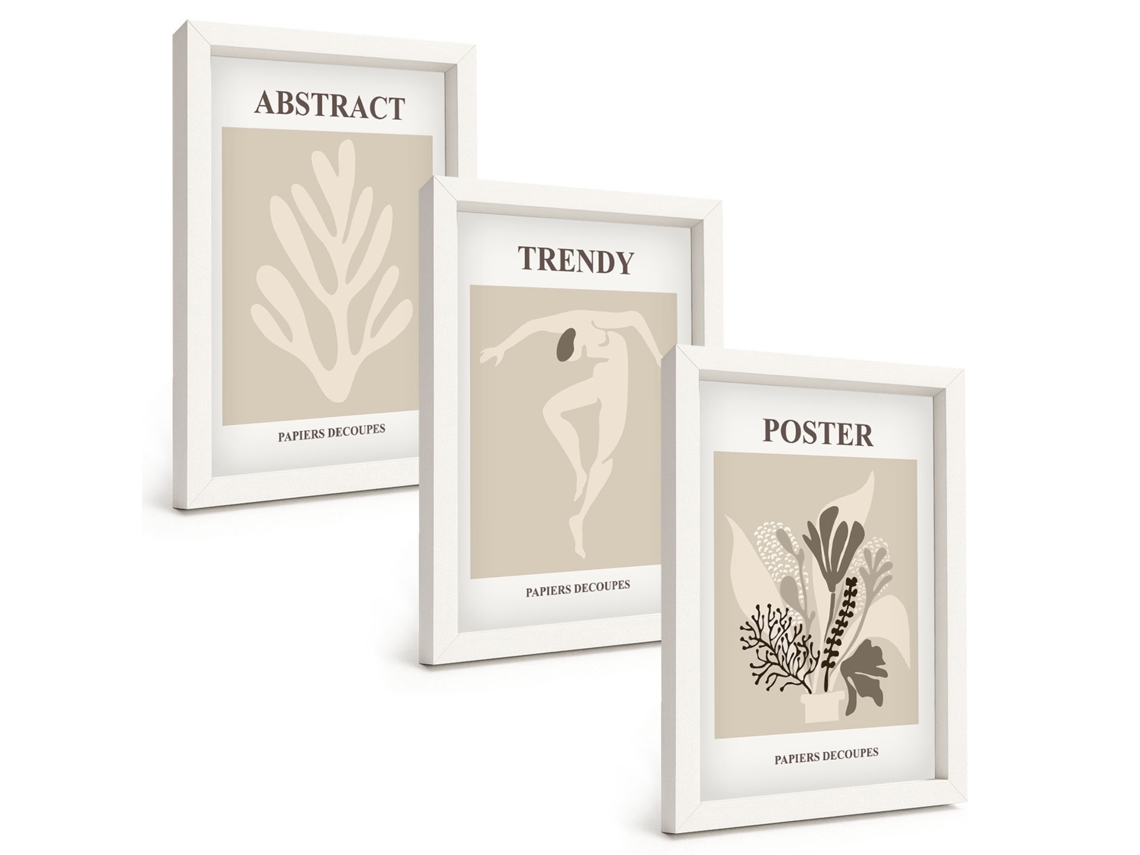 Composição De Quadros Padrões De Plantas Em Tons De Bege E Marrom Moldura Branca Imagens Para Um Quarto Infantil Espelharte (3 Peças 20x30 Cm)