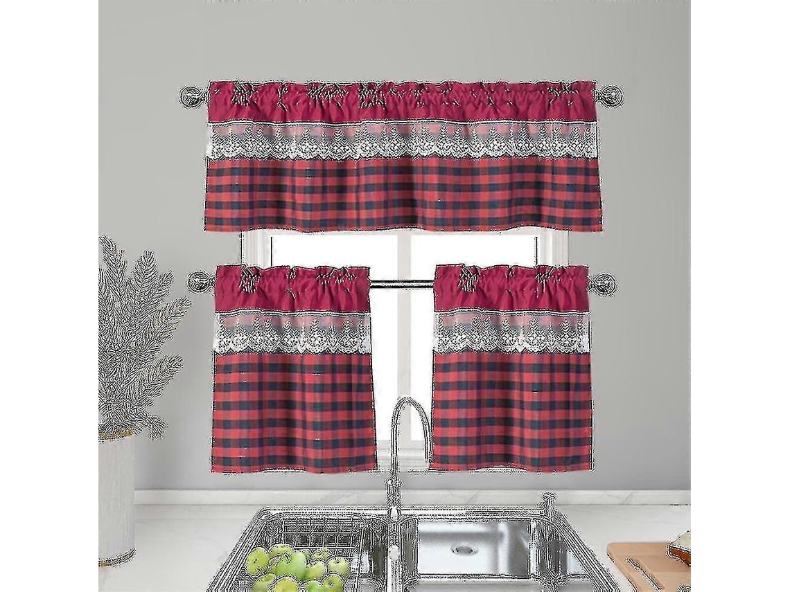 Rebe cortinas de Cozinha Luxuosas Valance Topper Moderno Translúcido com Estampa de Grade e Ponto de Renda em Poliéster 130cmx41cm Vino Rojo