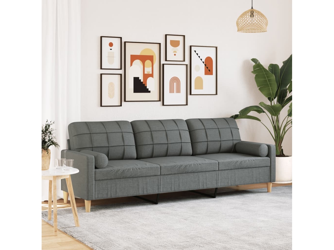 Vidaxl Sofá 3 Lug. C/ Almofadas Decorativas 210 Cm Tecido Cinza-escuro