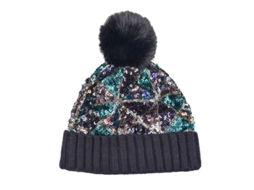 2026-gorro De Invierno Com Bola De Peluche Desmontável E Lantejoulas, Quente E Impermeável Ao Vento Para Mulher Ao Ar Livre Negro