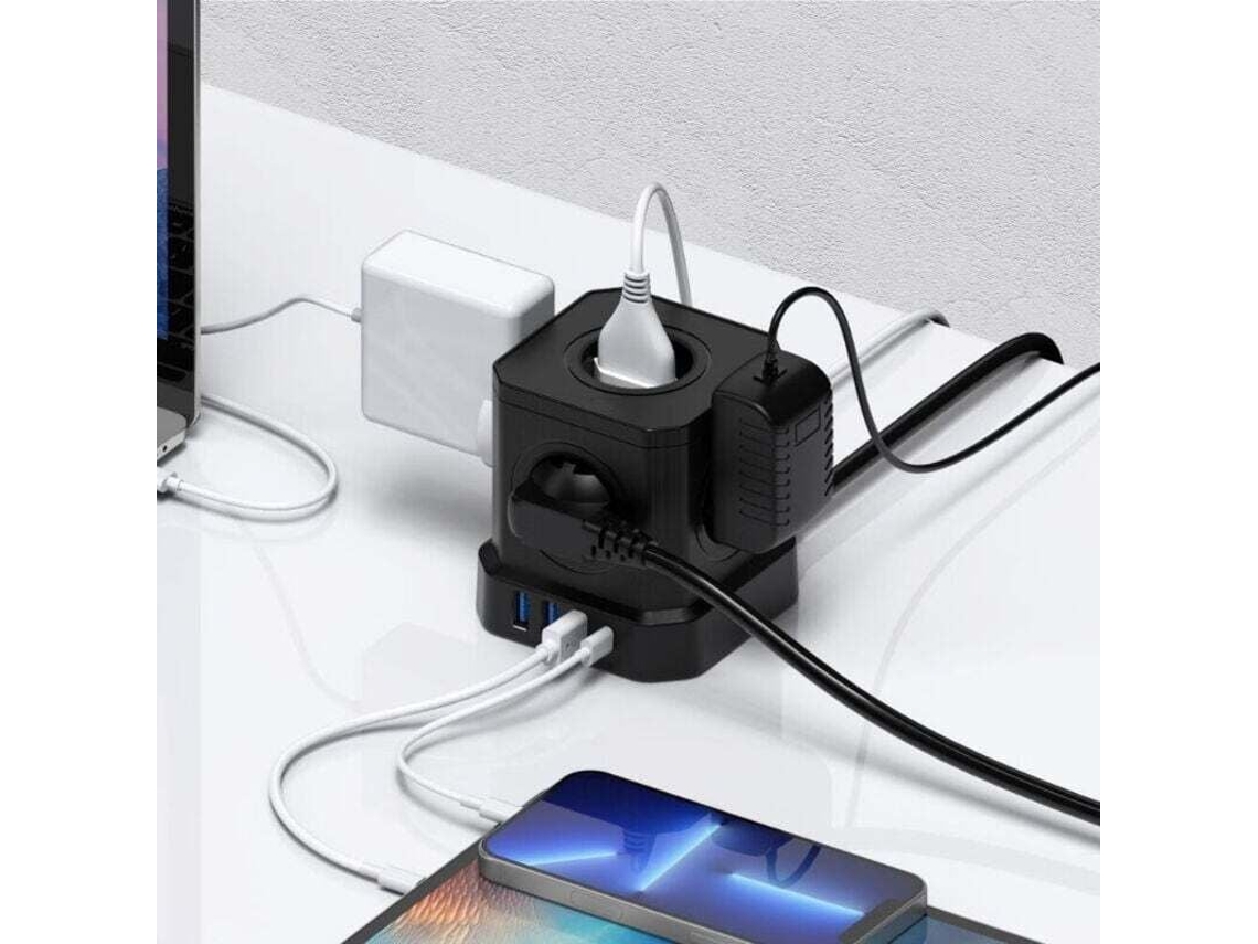 Tomada Múltipla 9 Em 1 Com Usb,5 Tomadas E 4 Portas Usb,interruptor,protetor Contra Surtos,cabo 2m,4000w,extensão Elétrica,preto Btforus