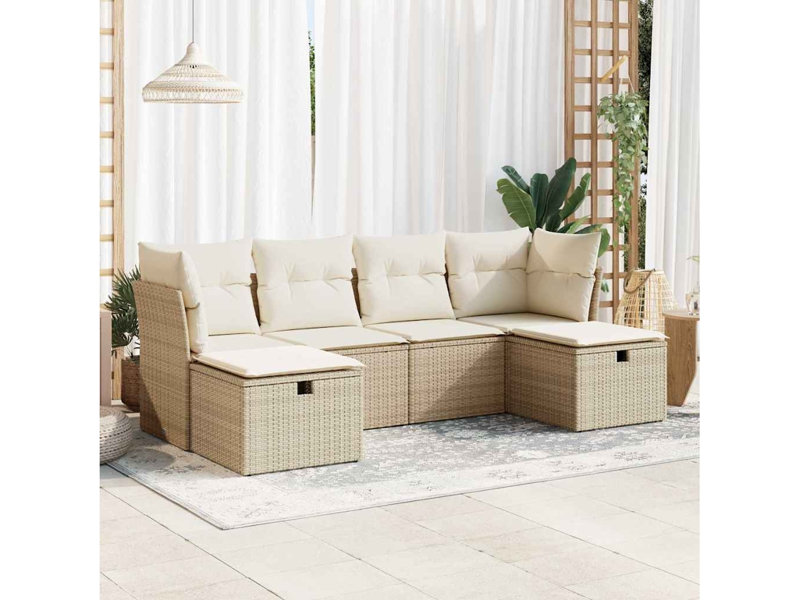 Vidaxl 6 Pcs Conjunto De Sofás P/ Jardim Com Almofadões Vime Pe Bege