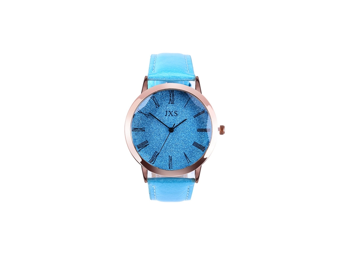 Relógio de Pulso Feminino de Moda com Pulseira Pu e Mostrador Redondo Azul Claro