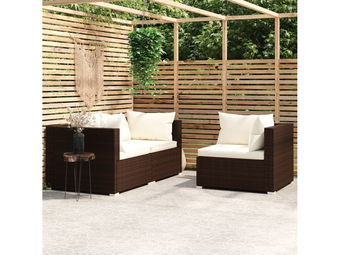 Vidaxl 3 Pcs Conjunto Lounge Jardim C/ Almofadões Vime Pe Castanho