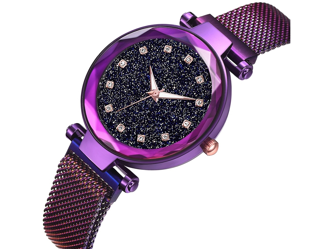Relógio de Pulso Feminino com Pulseira de Malha de Liga e Fecho Magnético Quartzo Roxo