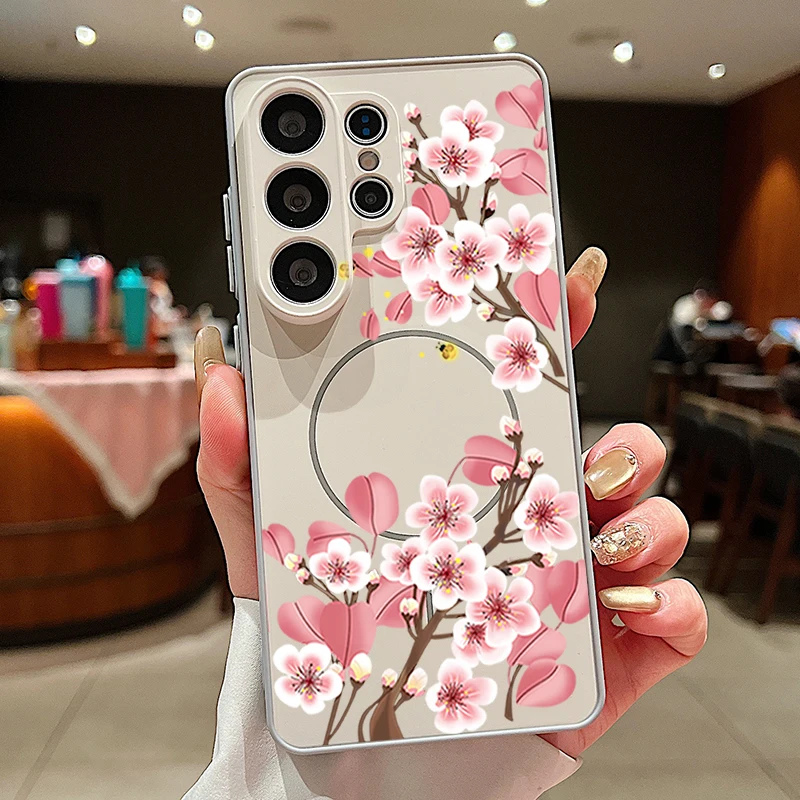Capa Magnética Para Celular Galaxy S26 Com Estampa De Flor De Pêssego (cinza)