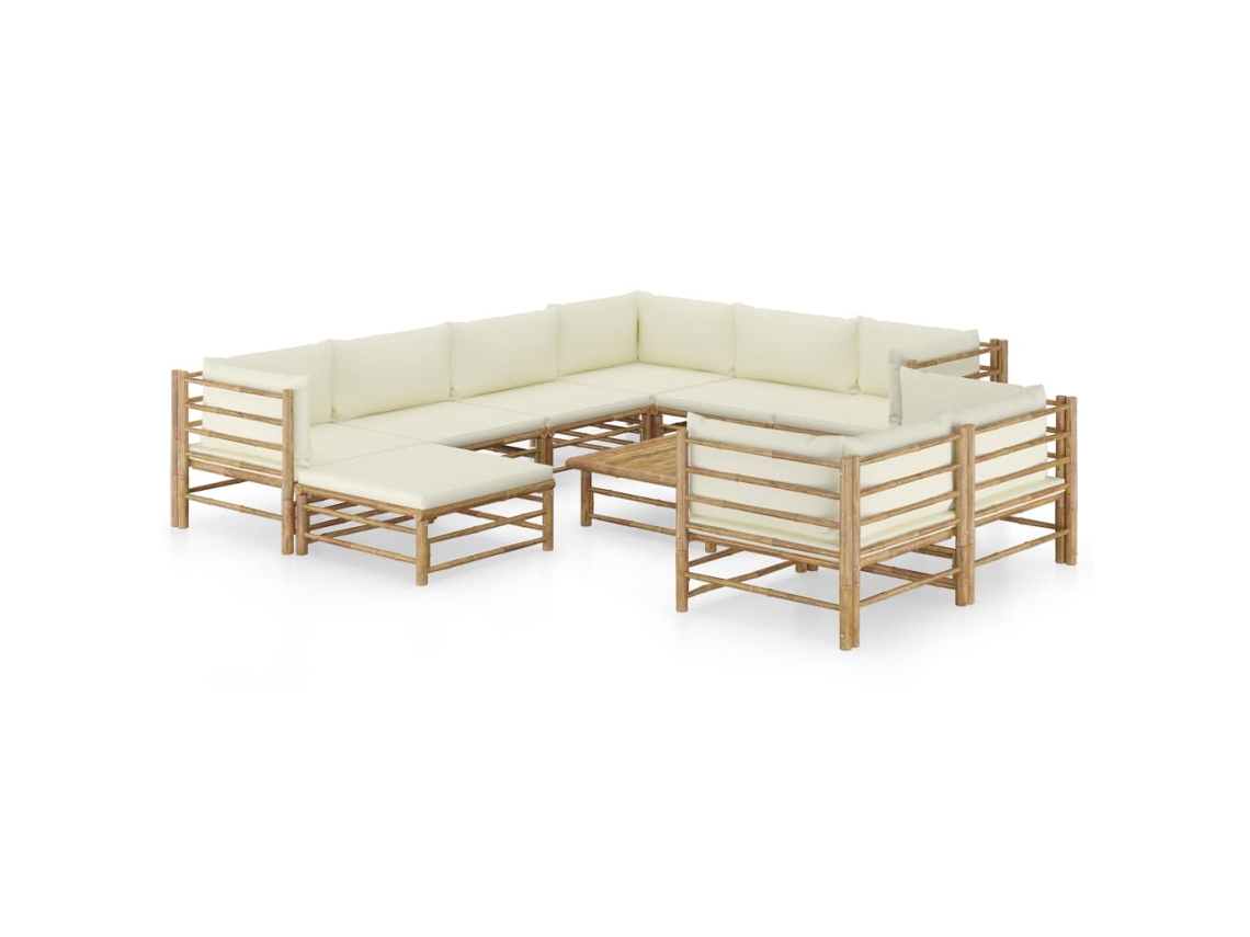 Vidaxl 10 Pcs Conj. Lounge Jardim em Bambu C/ Almofadões Branco Nata