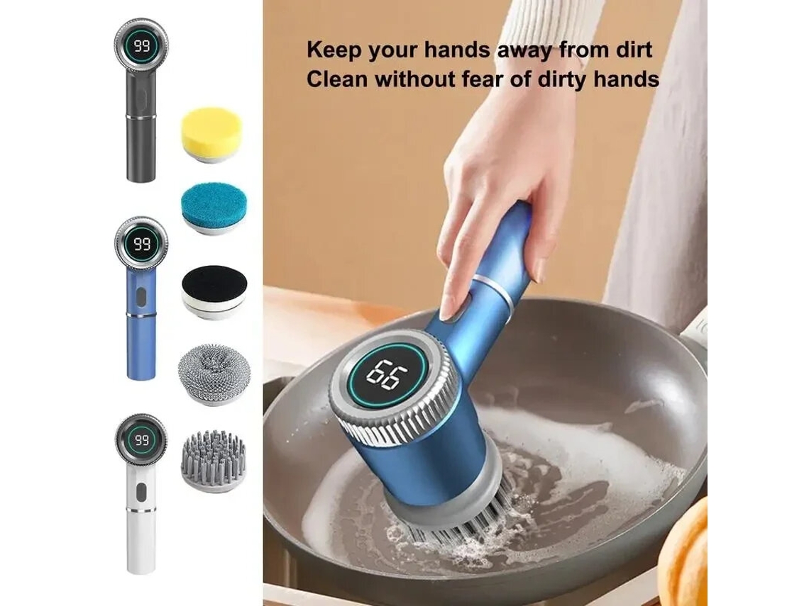 Branca Escova Elétrica 1200mah para Limpeza de Louças Panelas, 5 Cabeças, Banheiro, Cozinha, Utensílios MDUG