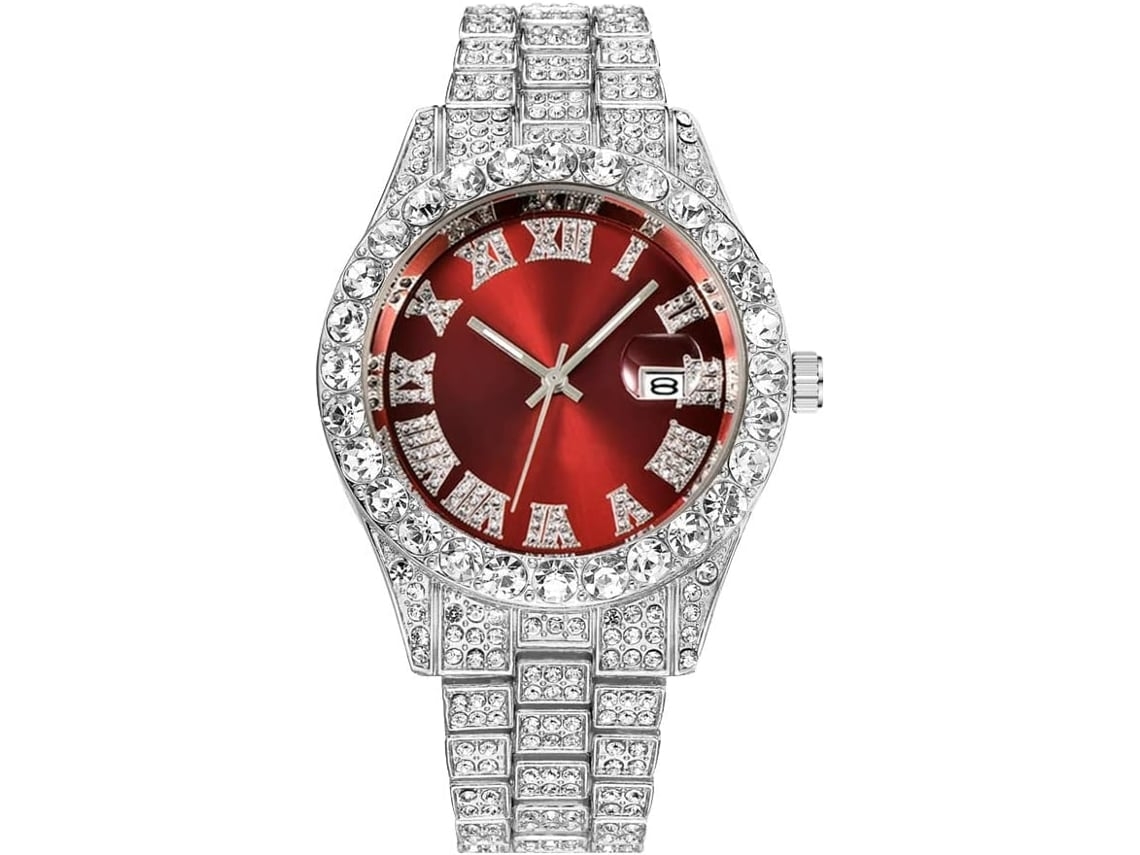 Strass Hip Hop Gypsophila Bling Relógio de Pulso Gelado-Vermelho Prateado
