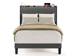 Estrutura de cama solteiro - LED e USB - cinza escuro - metal e madeira - 120 x 200 cm