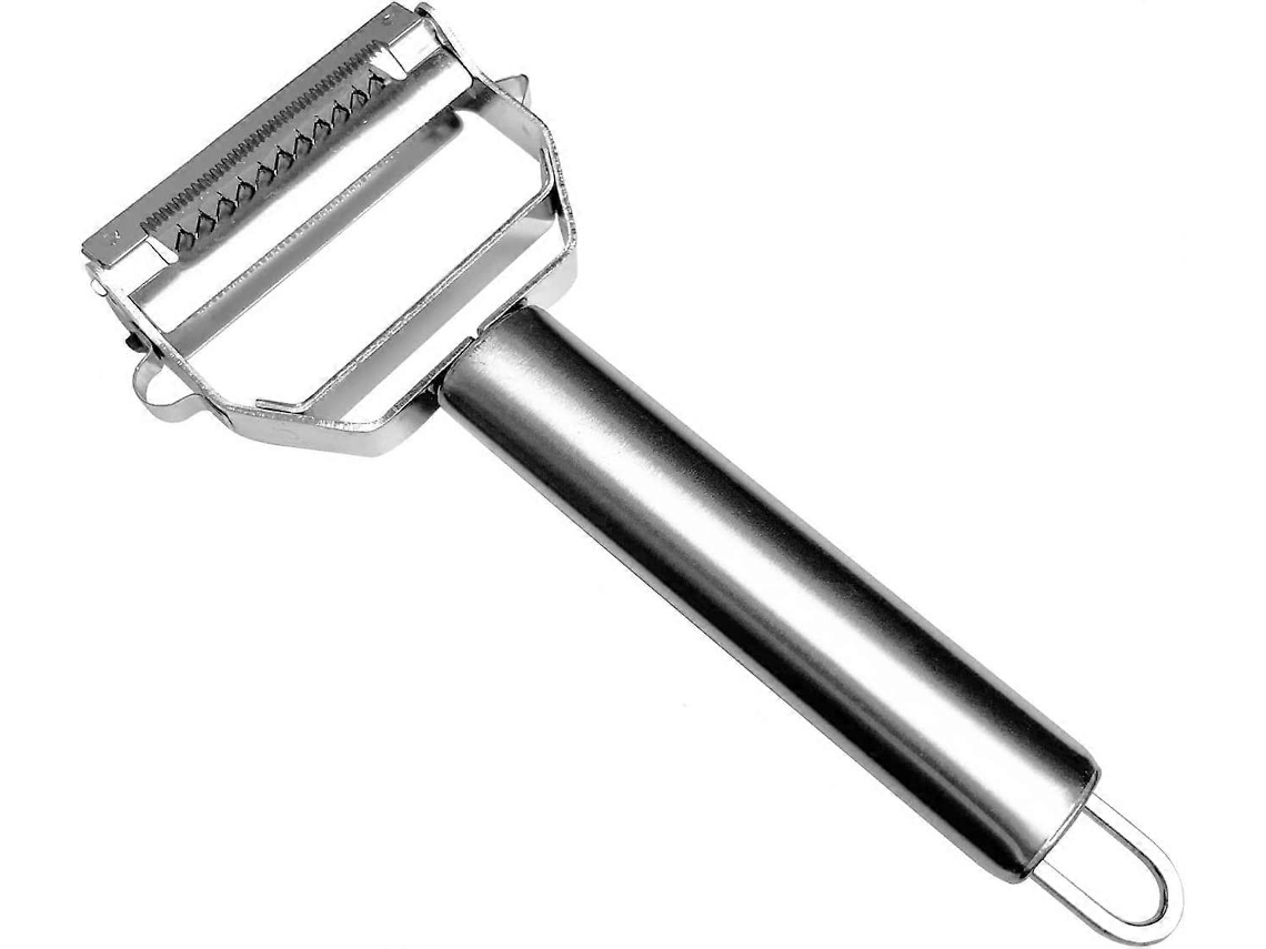 Descascador versátil em aço inoxidável com lâminas duplas para legumes e frutas, ideal para batatas-doces, cenouras e maçãs.