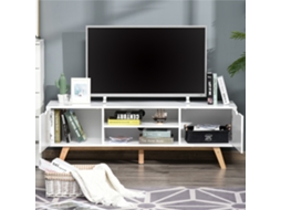 Móvel Para Tv De Até 65 Polegadas, Com 2 Armários, Prateleiras Abertas E Puxador Oco, Nas Cores Branco E Madeira – 150x39x50 Cm