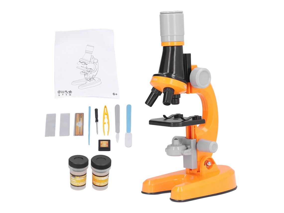 Primerox microscópio Infantil Kit Led 1200x com Lâminas Brinquedo Educativo Científico Laranja