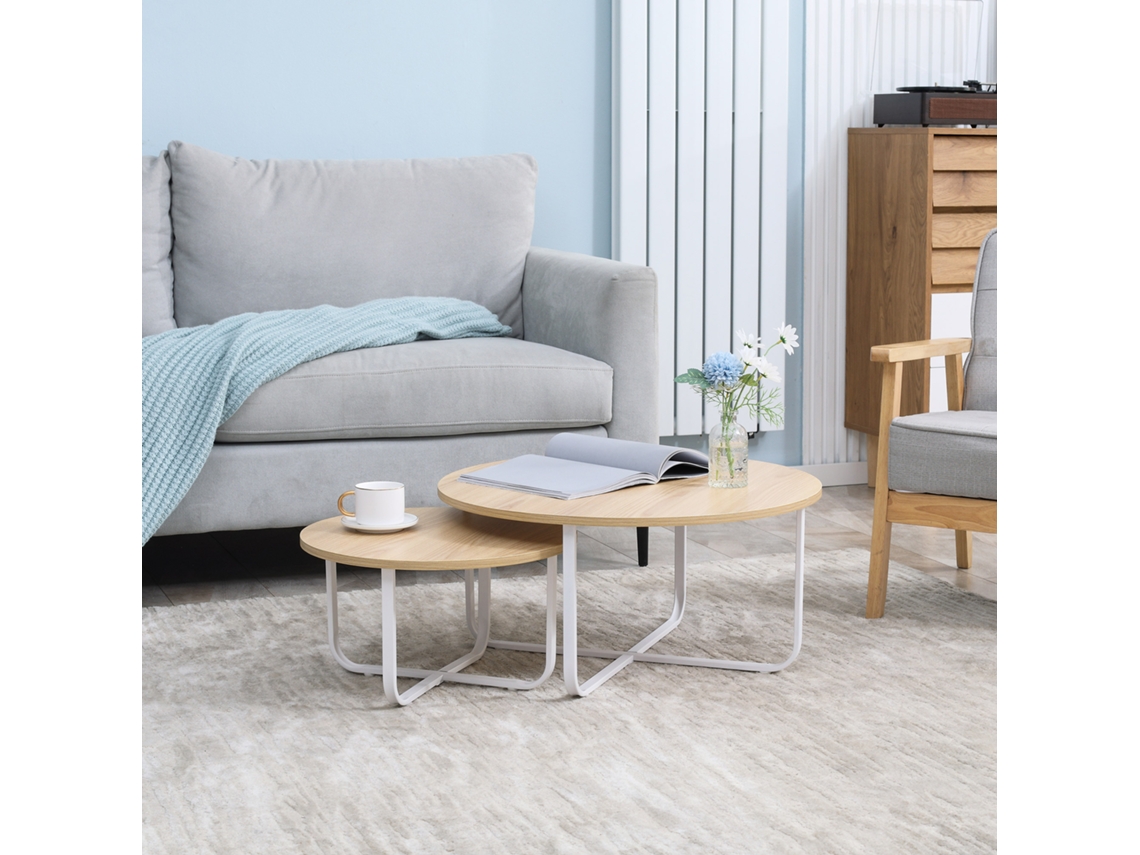 Conjunto De 2 Mesas Centro Ø65x32cm E Ø45x26cm Tábuas Redondas Com Bancada Madeira E Pés Metal Lenhoso E Branco