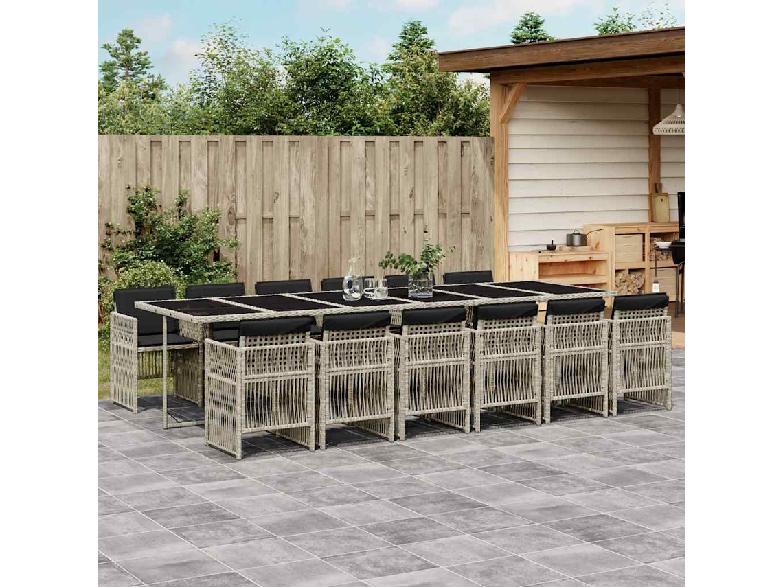 Vidaxl 13 Pcs Conj. Jantar Jardim C/ Almofadões Vime Pe Cinzento-claro