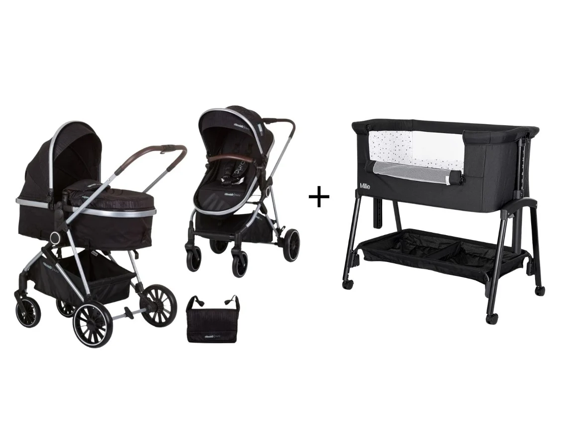 Pack Carrinho De Passeio Conversível Duo Aura Obsidian Prata Mini Berço Millie Preto Chipolino