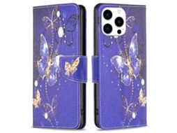 Capa Em Couro Pu Com Suporte Para Apple Iphone 16 Pro Max - Borboletas Roxas