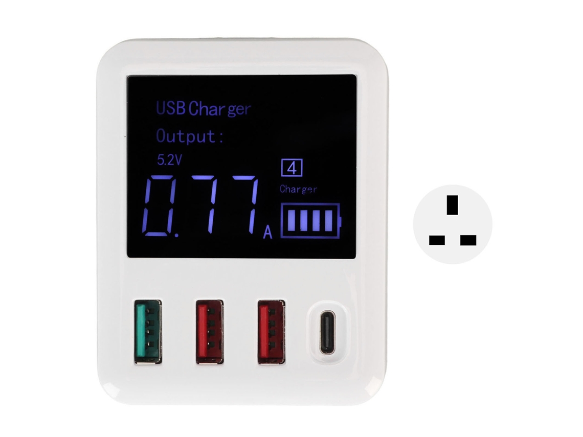 Carregador Mali de parede USB 4 portas QC3.0, PD 20W, display LCD, plugue UK, 100-240V