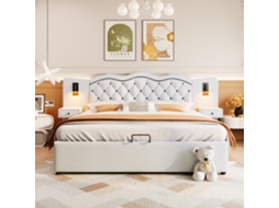 Cama Box Casal 180x200cm Hidráulica, Armazenamento, Luminárias, Usb, Confortável, 220kg, Sem Colchão, Bege KOMHTOM
